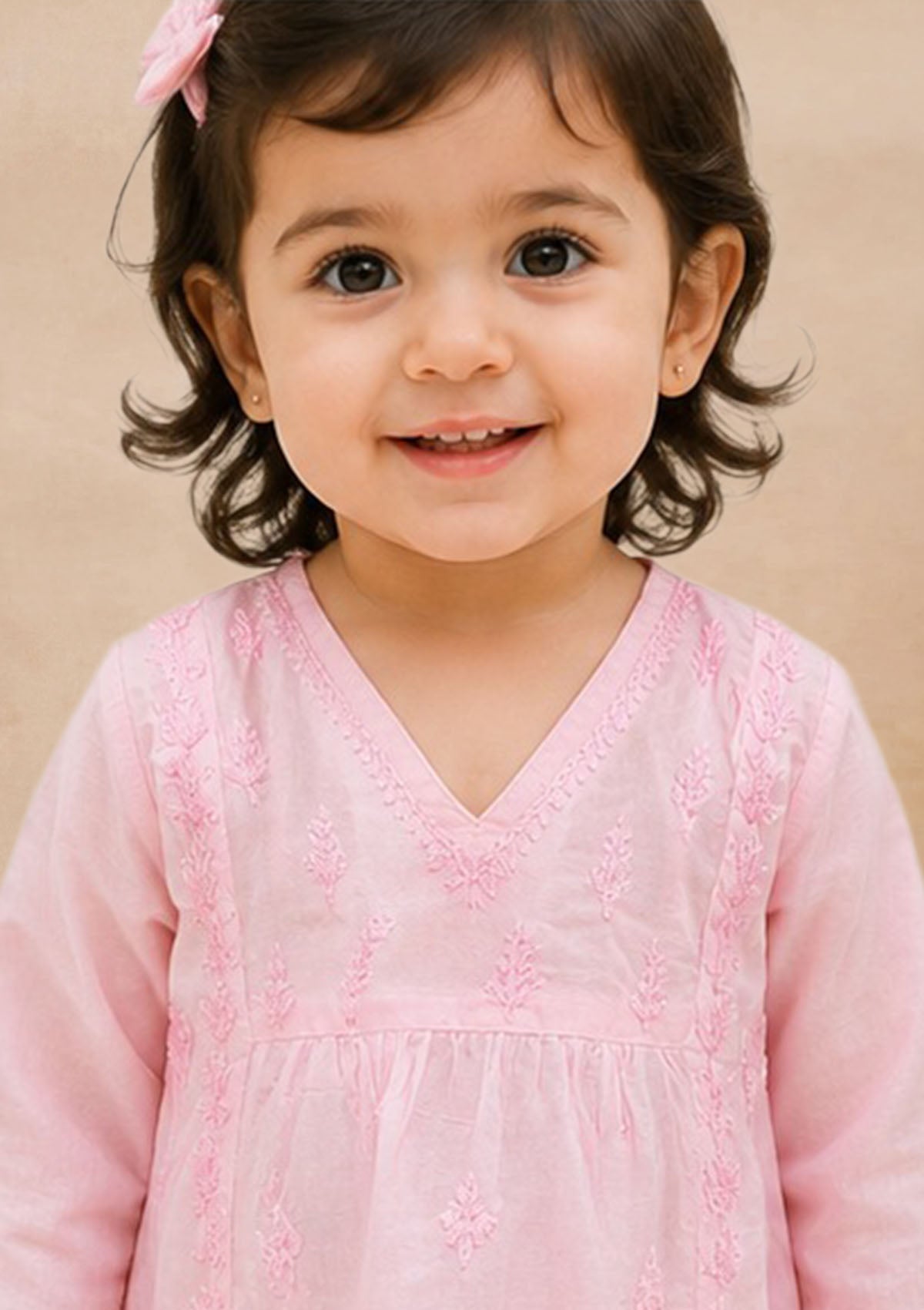 HOC Kids Pink Muslin Chikankari Kurta Set