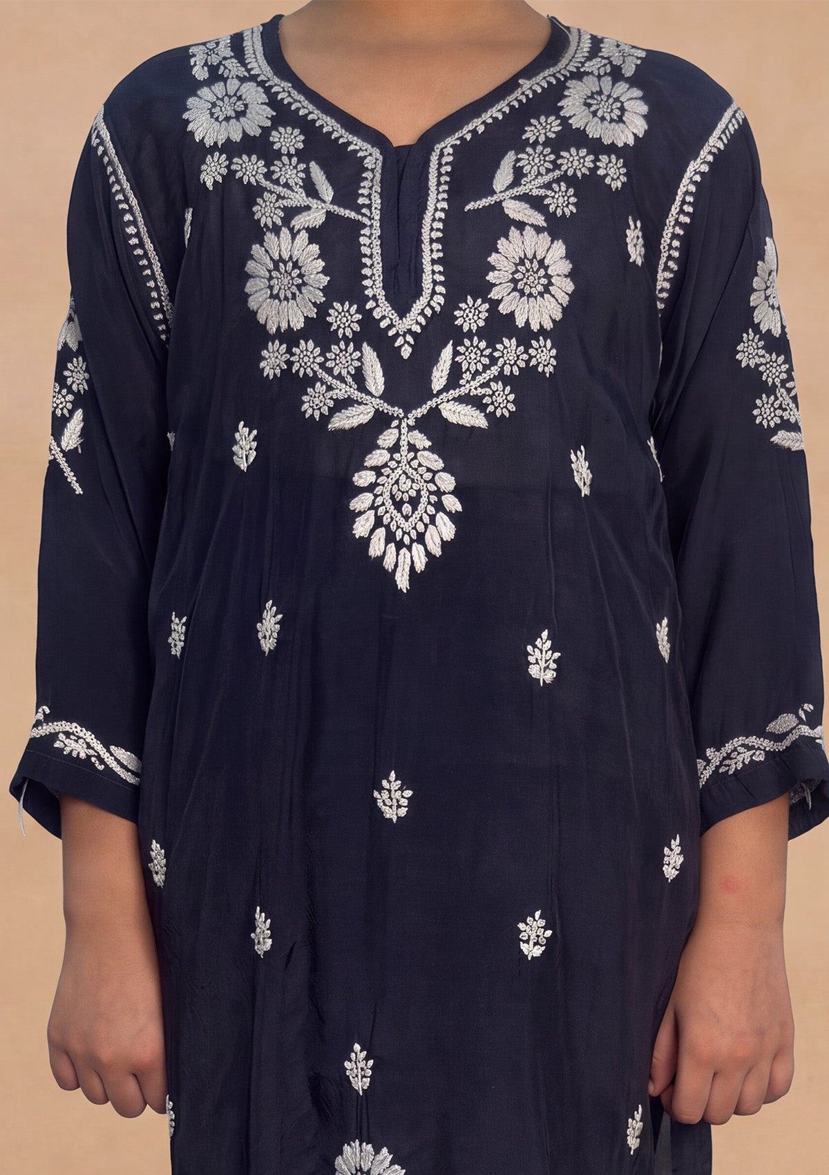 HOC Kids Navy Muslin Chikankari Kurta Set