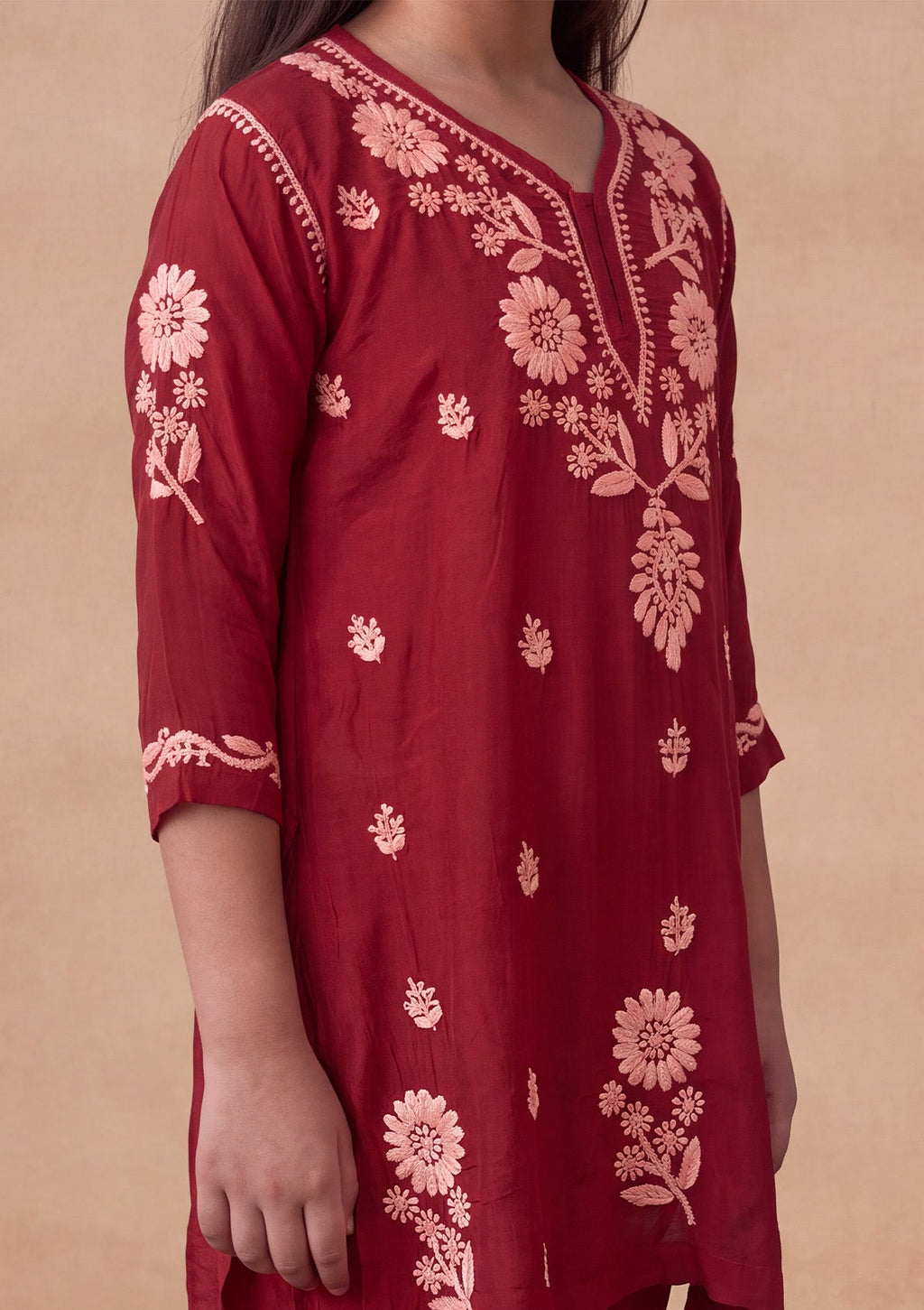 HOC Kids Red Muslin Chikankari Kurta Set