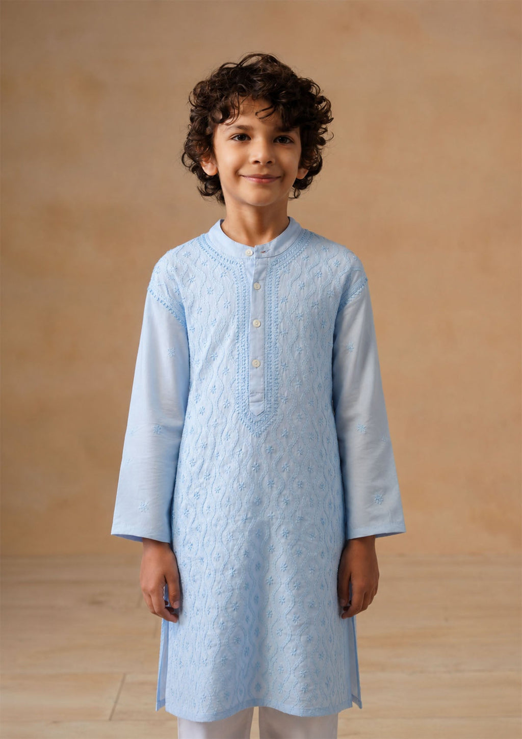 HOC Kids Blue Cotton Chikankari Kurta Set