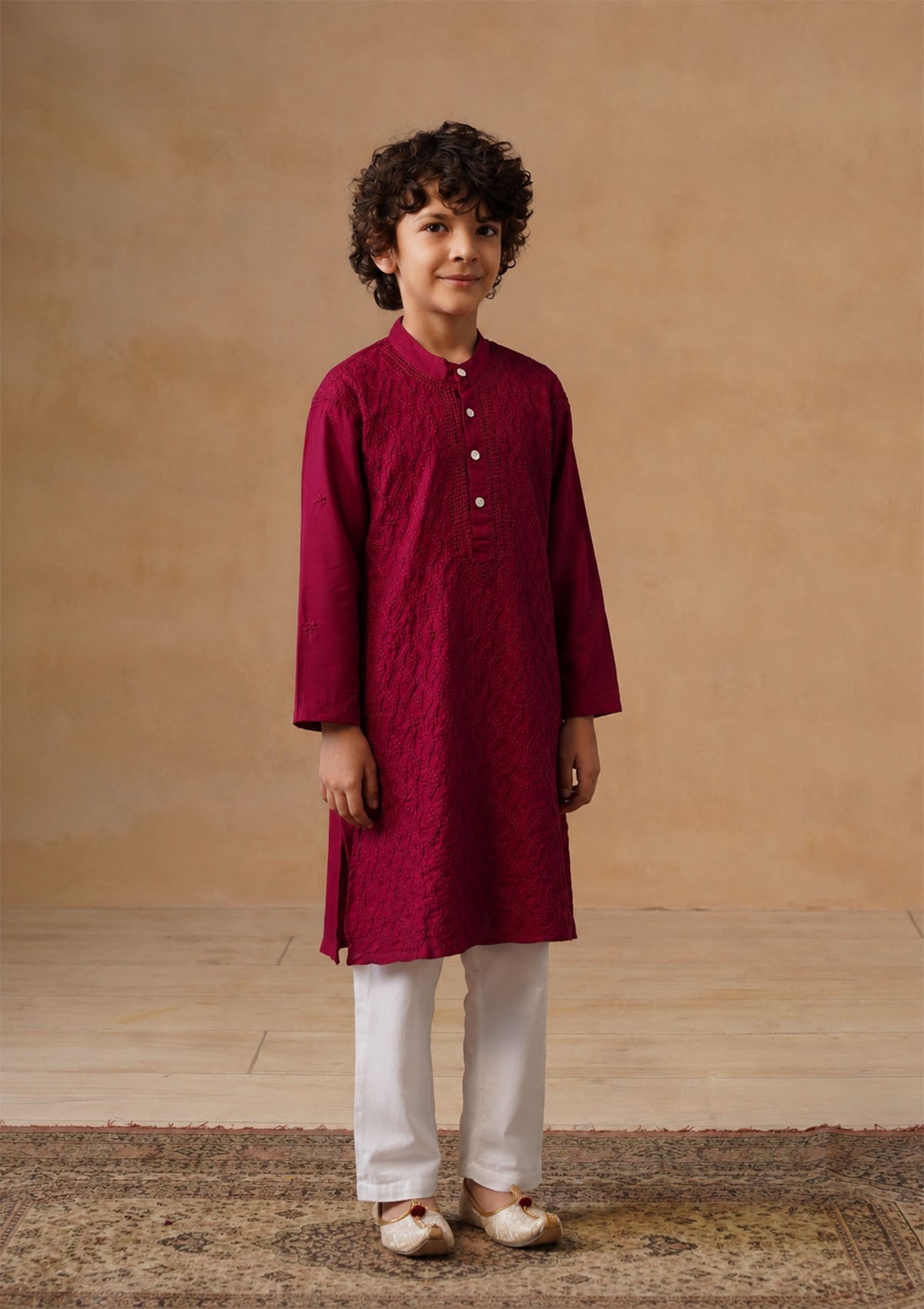 HOC Kids Wine Cotton Chikankari Kurta Set
