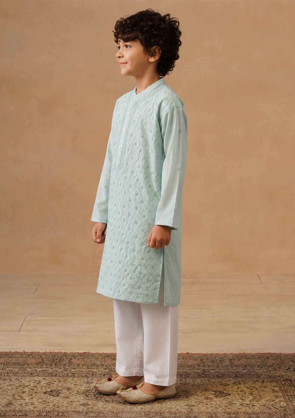 HOC Kids Sage Green Cotton Chikankari Kurta Set