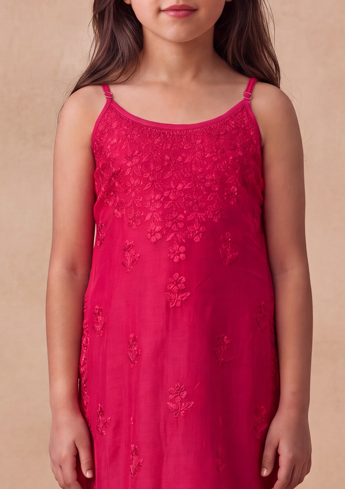 HOC Kids Magenta Muslin Chikankari Kurta Set