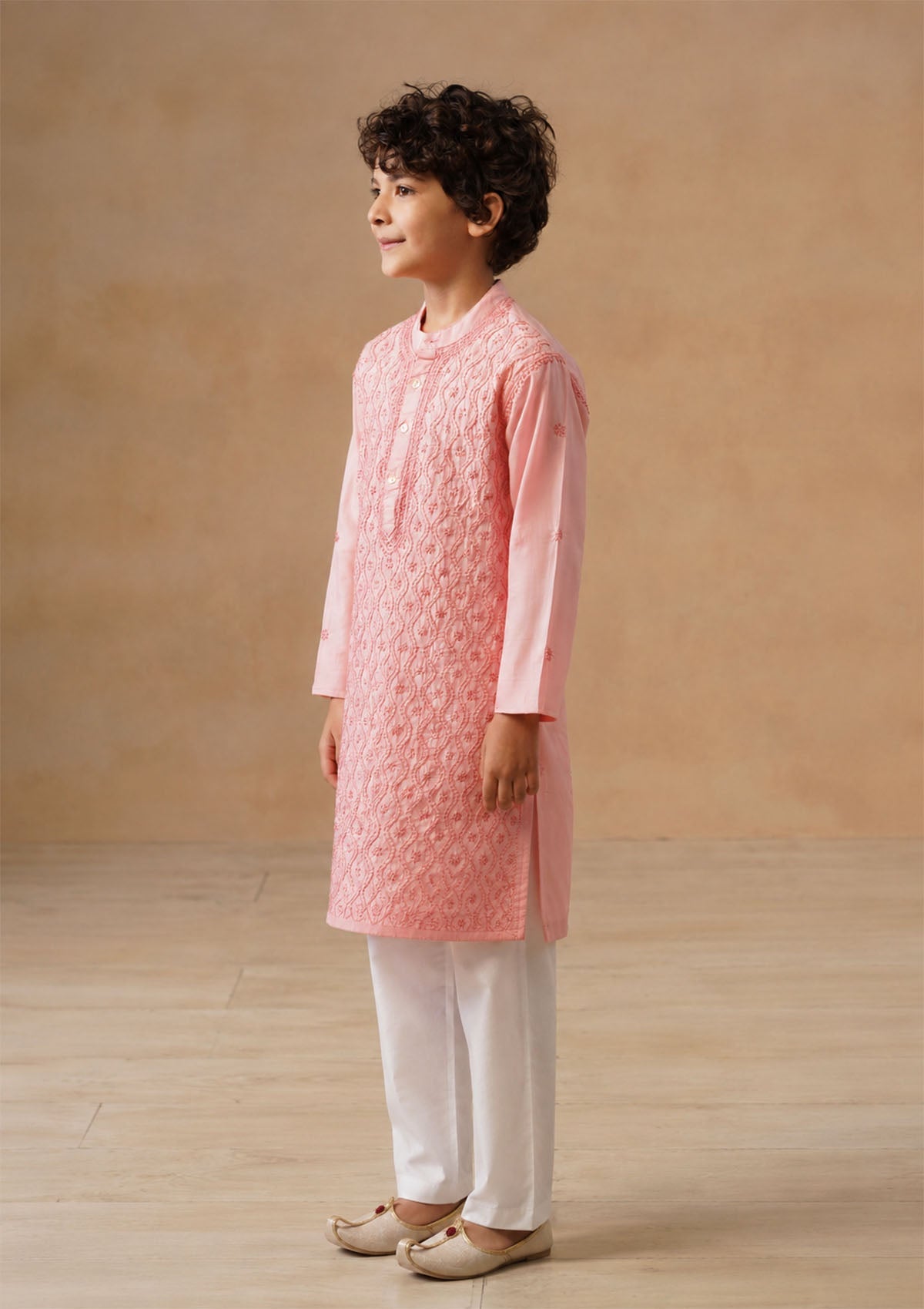 HOC Kids Pink Cotton Chikankari Kurta Set