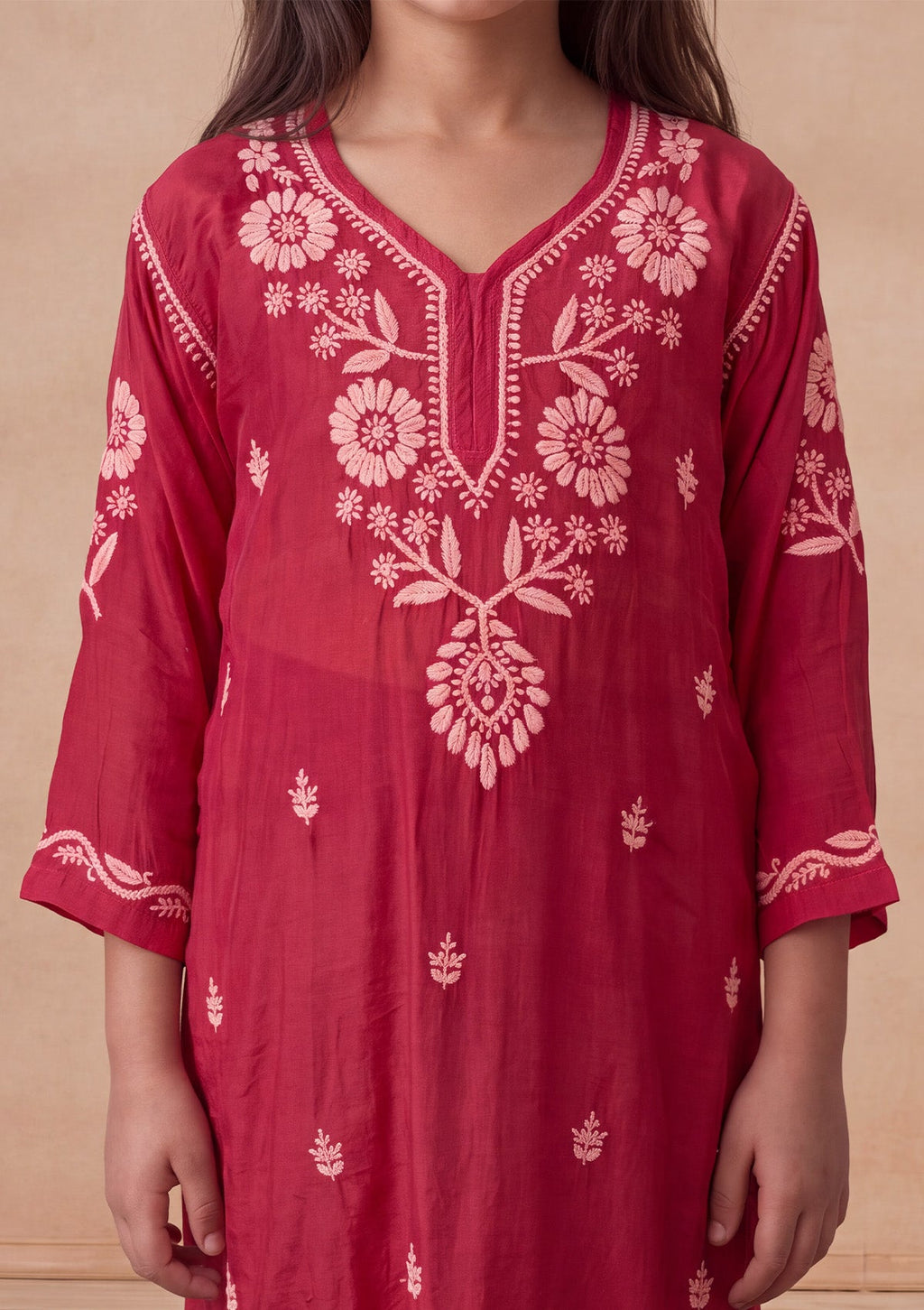HOC Kids Fuchsia Muslin Chikankari Kurta Set