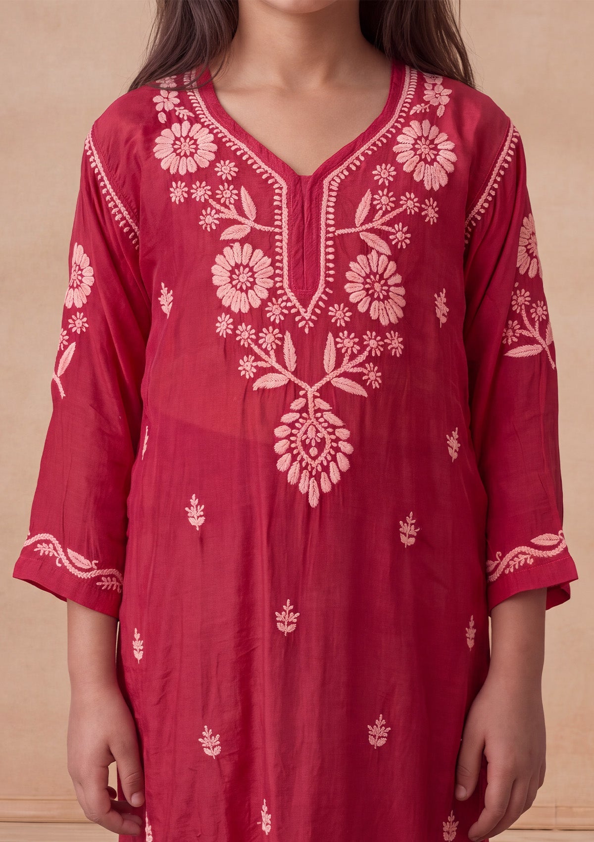 HOC Kids Fuchsia Muslin Chikankari Kurta Set