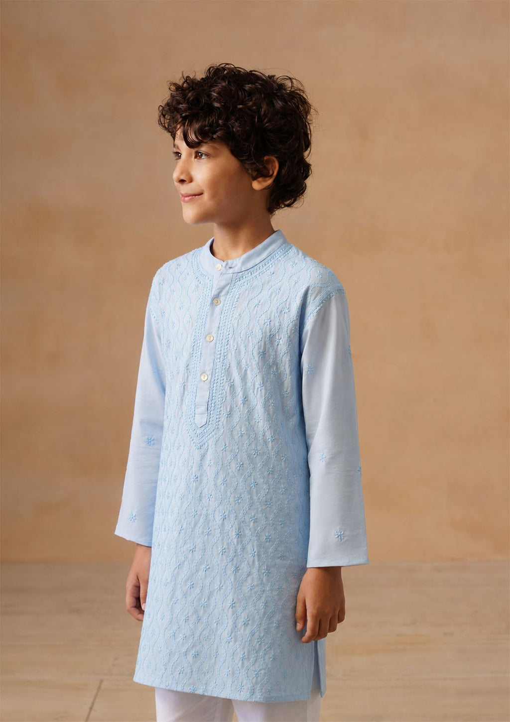 HOC Kids Blue Cotton Chikankari Kurta Set