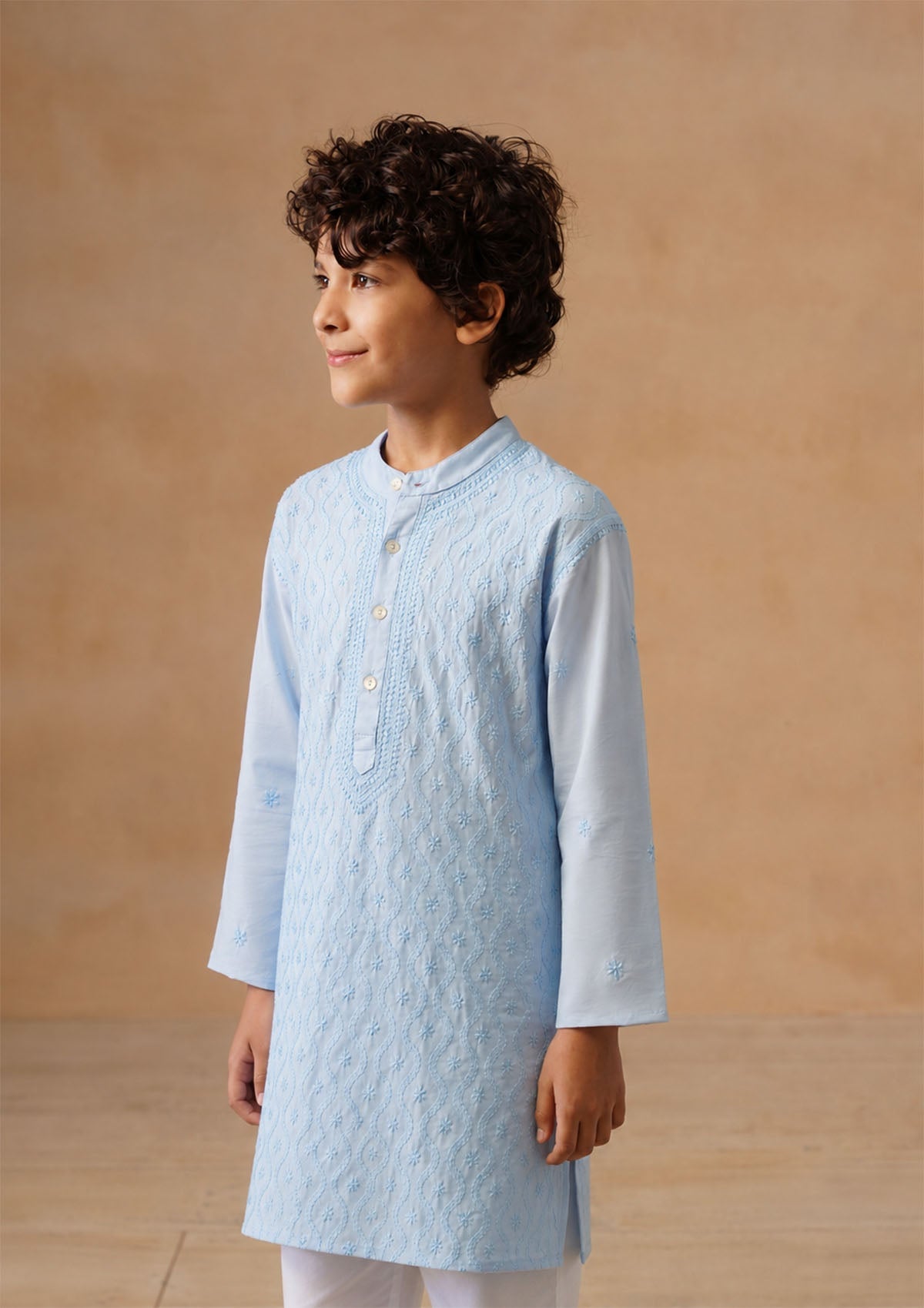 HOC Kids Blue Cotton Chikankari Kurta Set