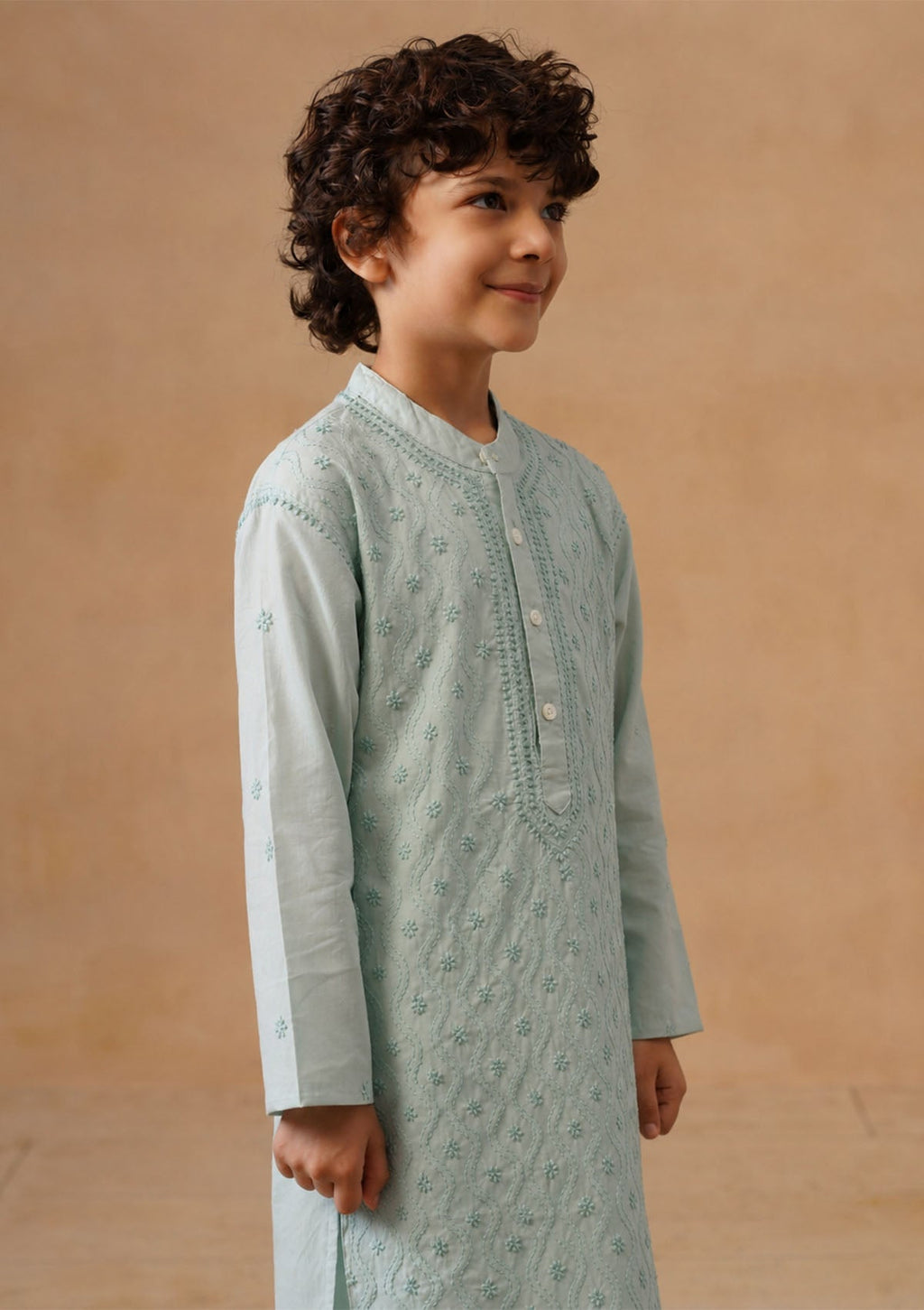 HOC Kids Sage Green Cotton Chikankari Kurta Set