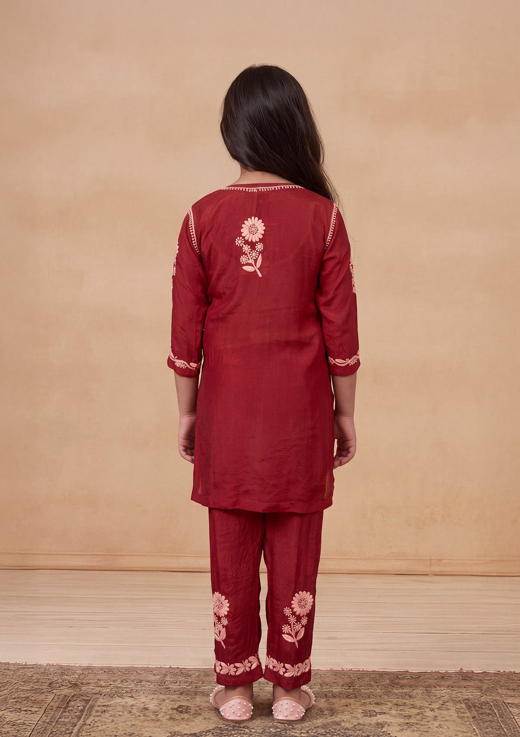 HOC Kids Red Muslin Chikankari Kurta Set