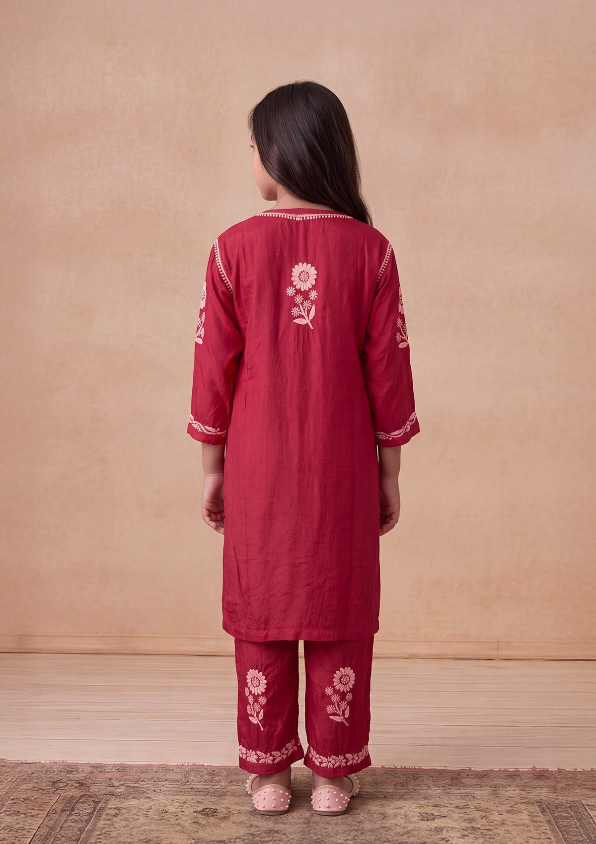 HOC Kids Fuchsia Muslin Chikankari Kurta Set