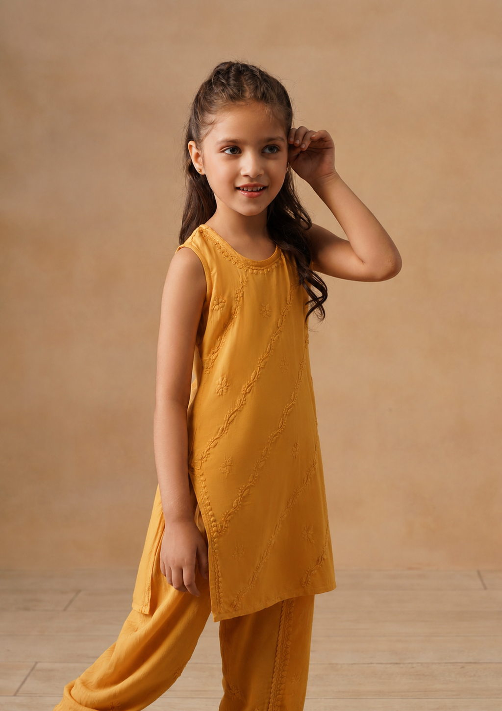 HOC Kids Yellow Muslin Chikankari Kurta Set