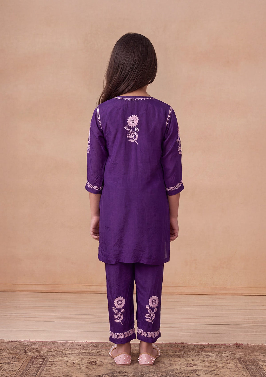 HOC Kids Purple Muslin Chikankari Kurta Set