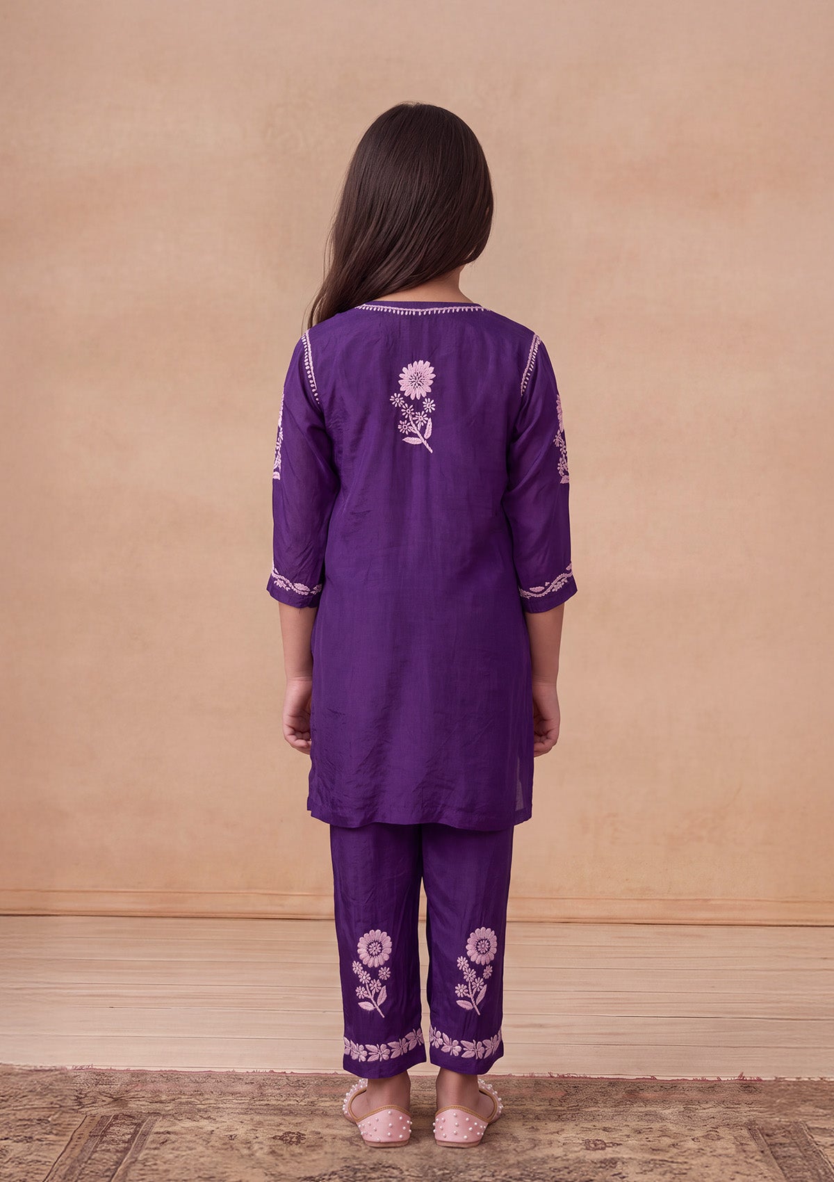 HOC Kids Purple Muslin Chikankari Kurta Set