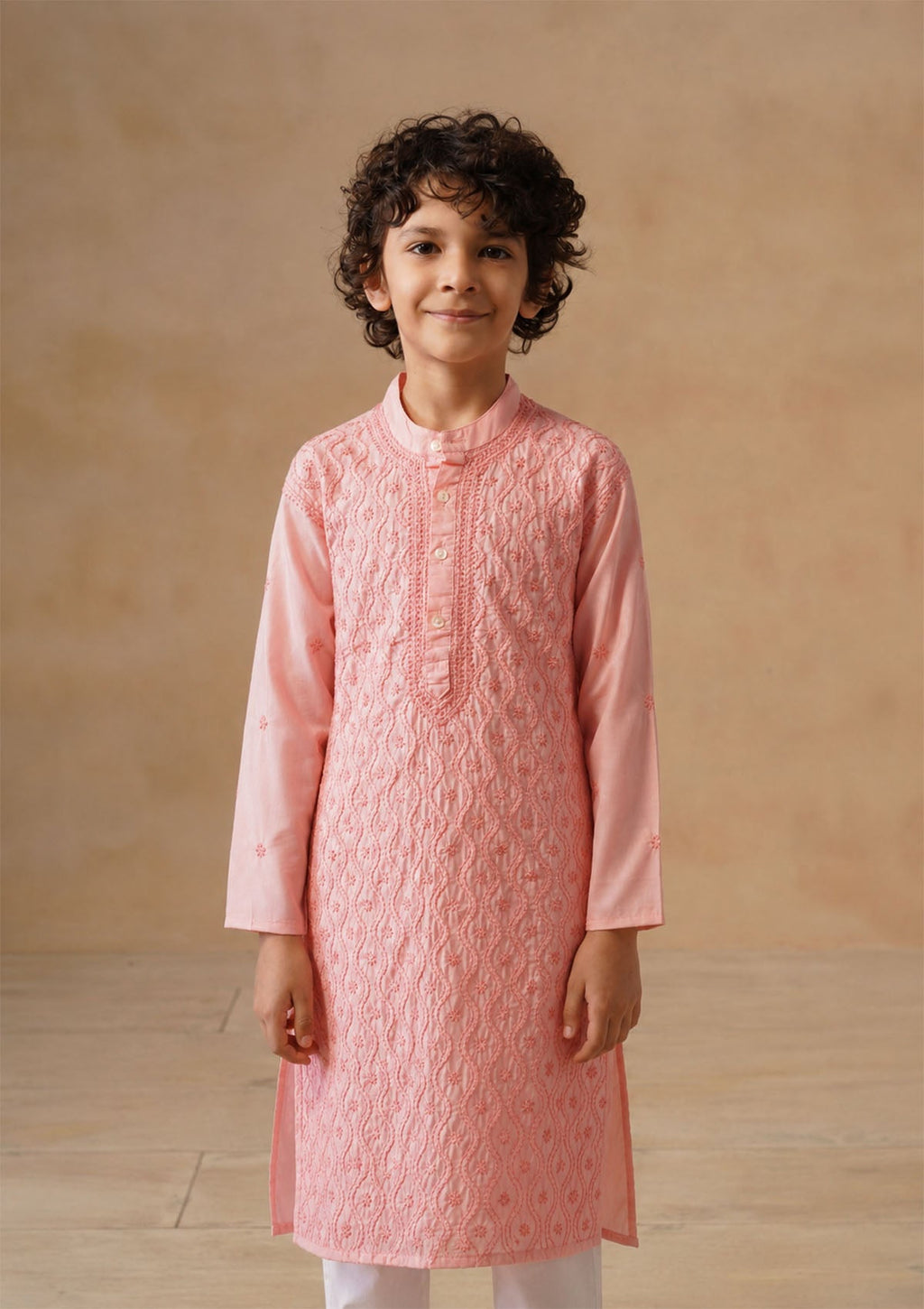 HOC Kids Pink Cotton Chikankari Kurta Set