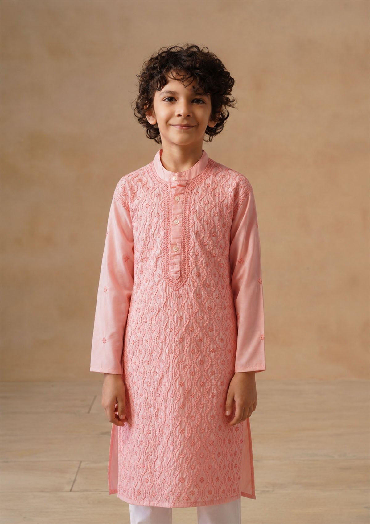 HOC Kids Pink Cotton Chikankari Kurta Set