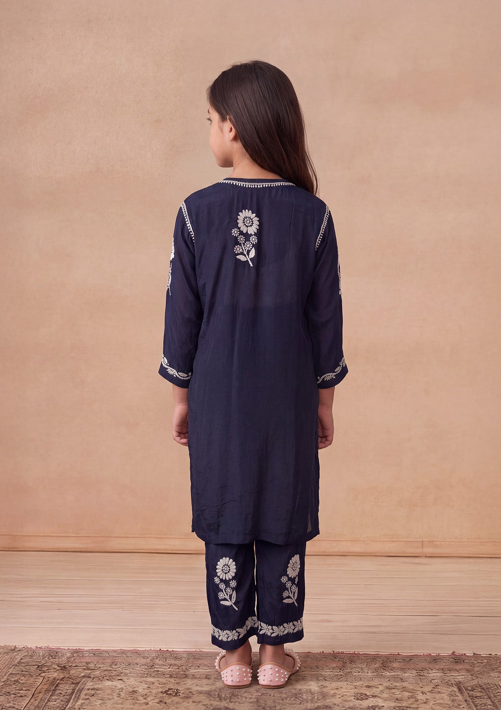 HOC Kids Navy Muslin Chikankari Kurta Set