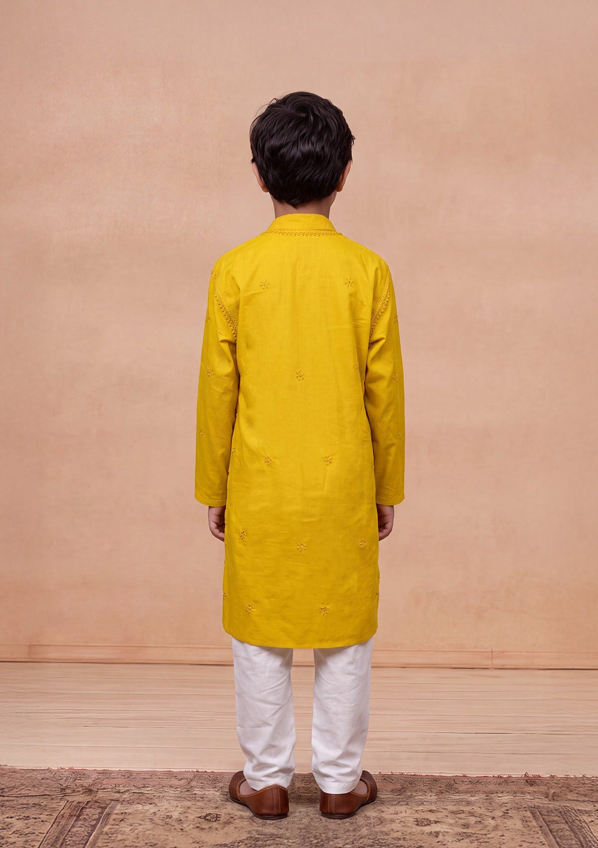 HOC Kids Mustard Cotton Chikankari Kurta Set