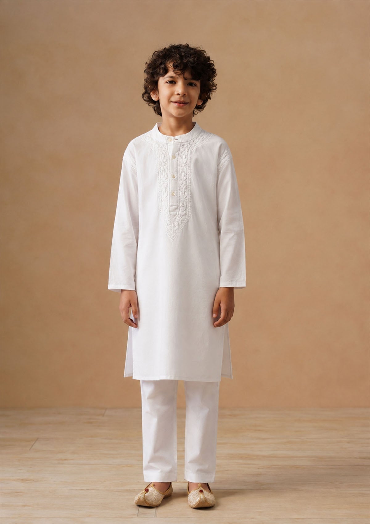 HOC Kids White Cotton Chikankari Kurta Set