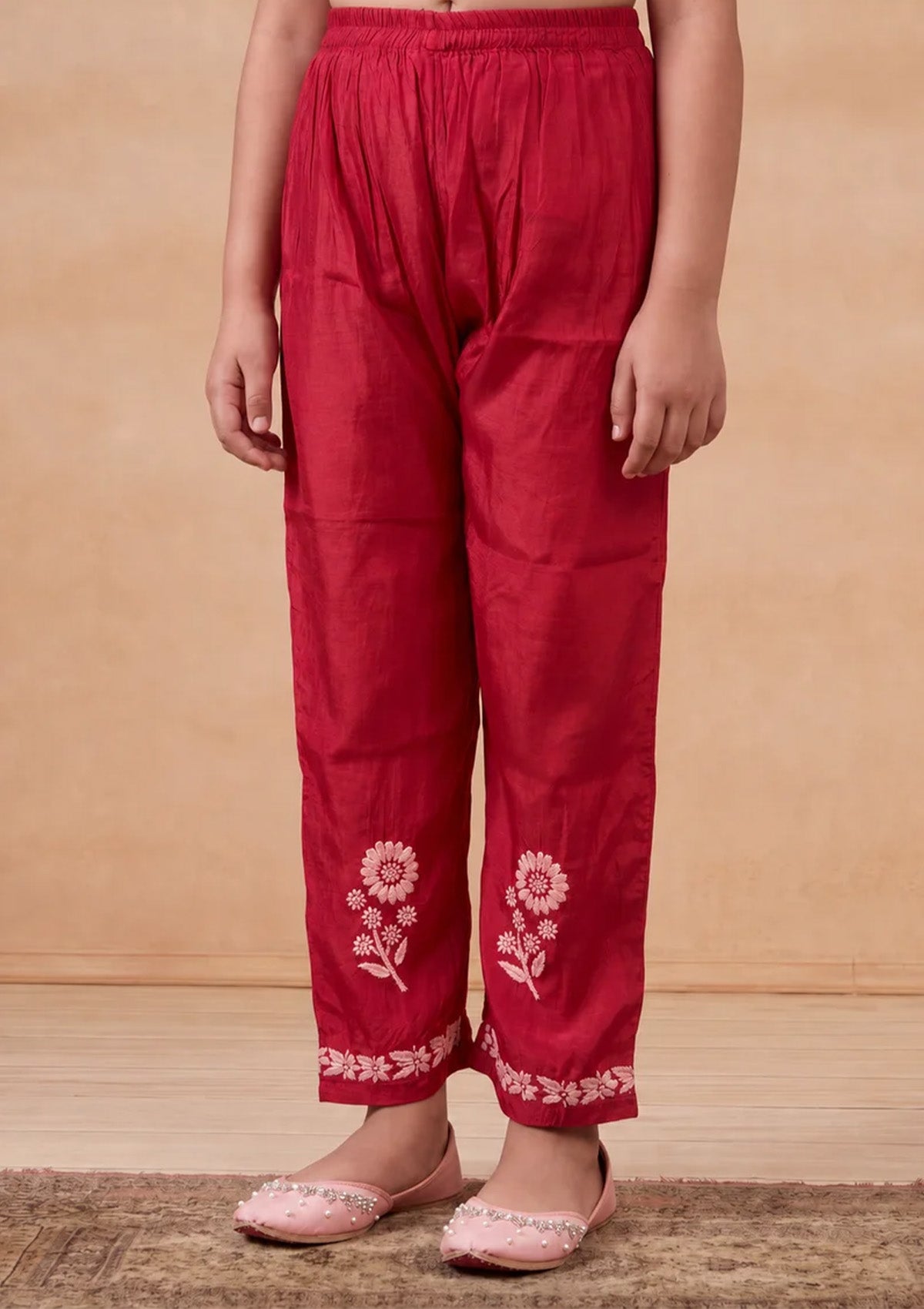 HOC Kids Fuchsia Muslin Chikankari Kurta Set
