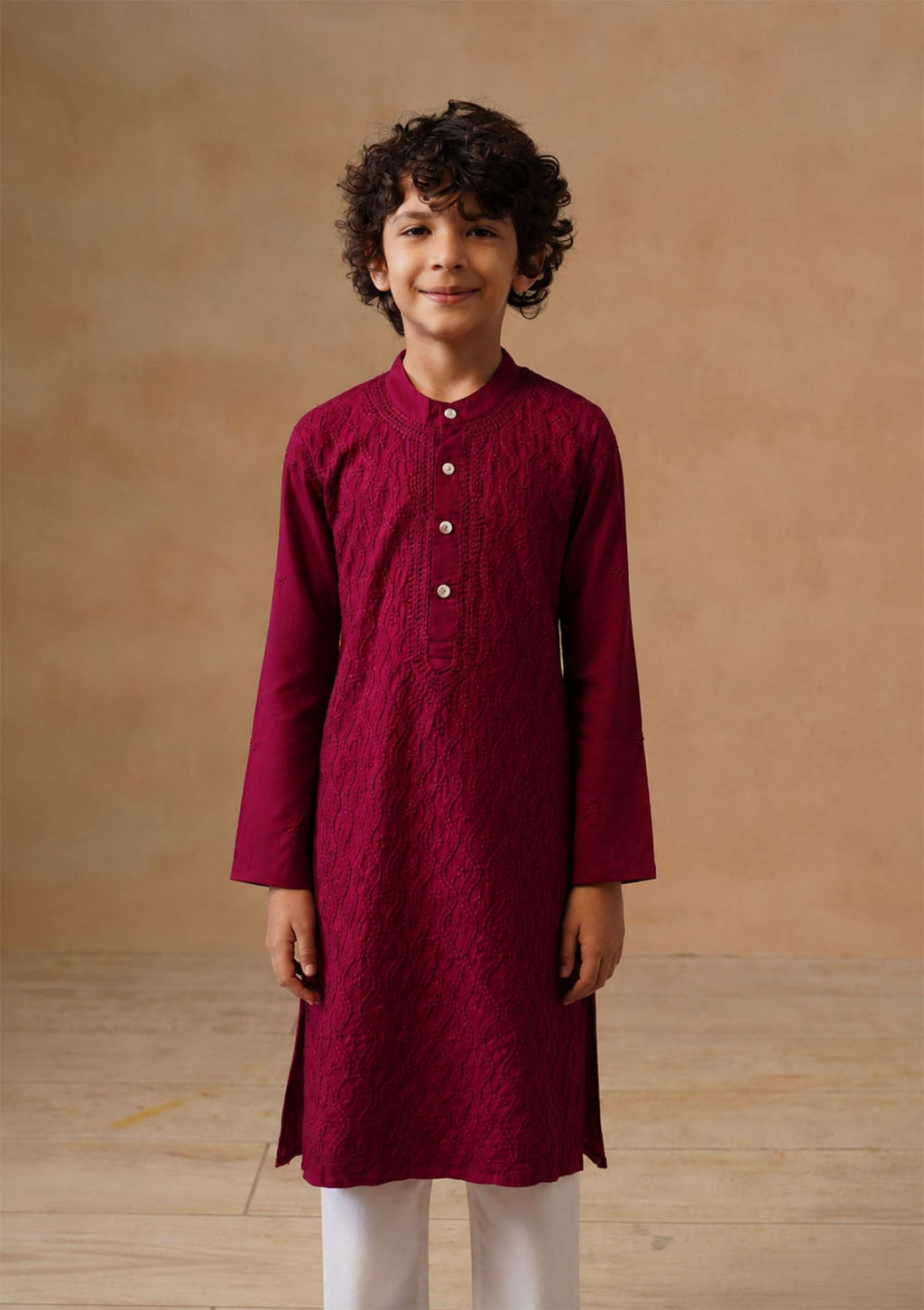 HOC Kids Wine Cotton Chikankari Kurta Set