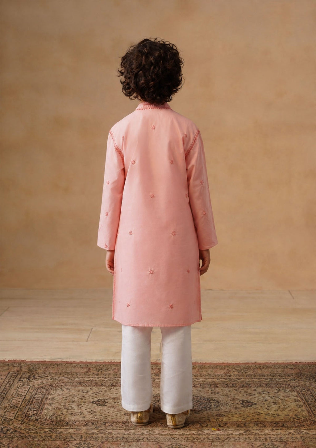 HOC Kids Pink Cotton Chikankari Kurta Set