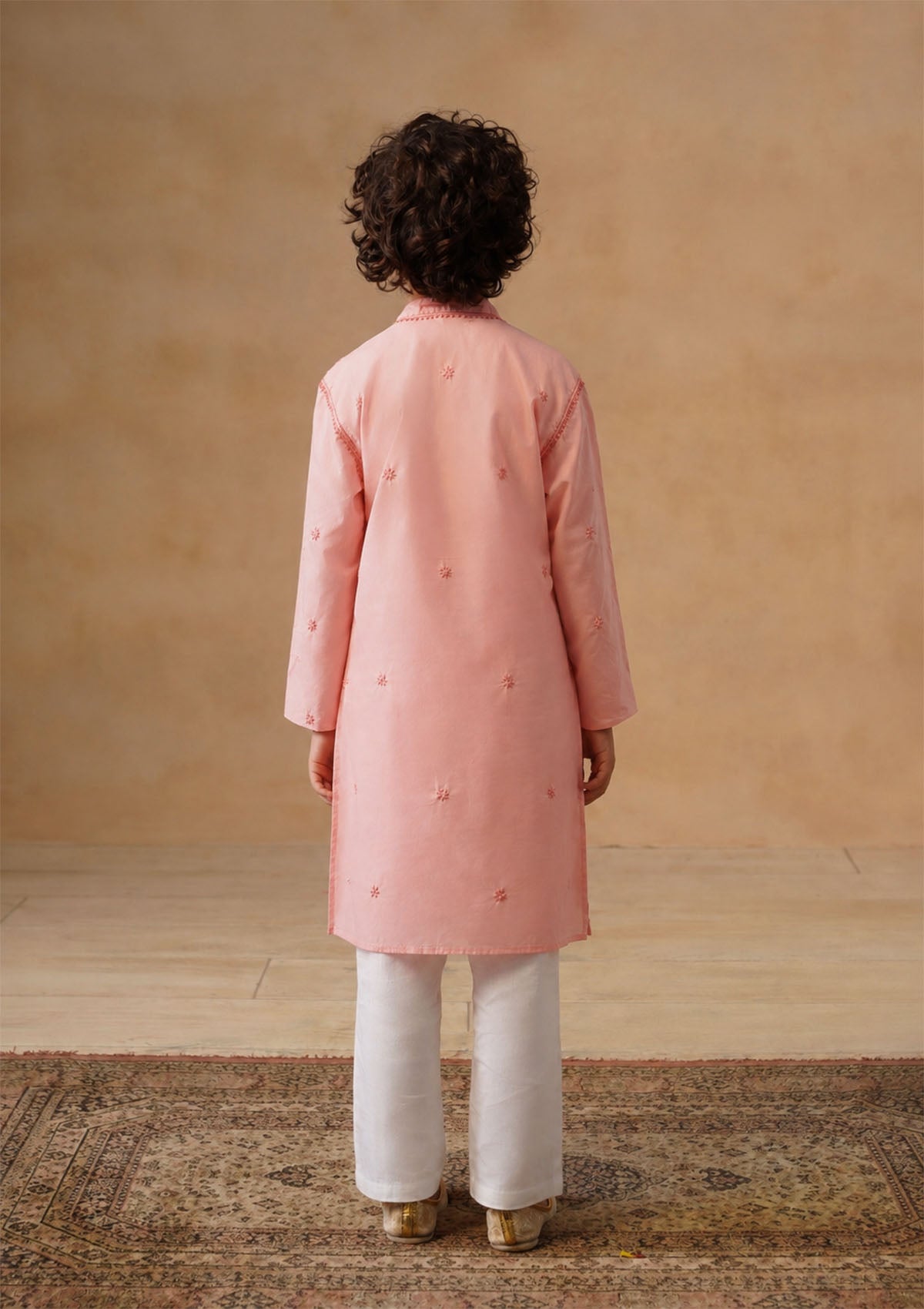 HOC Kids Pink Cotton Chikankari Kurta Set