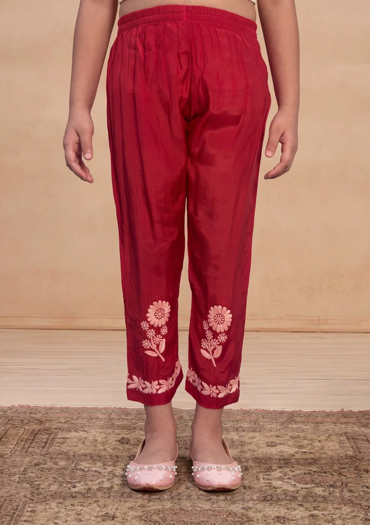 HOC Kids Red Muslin Chikankari Kurta Set