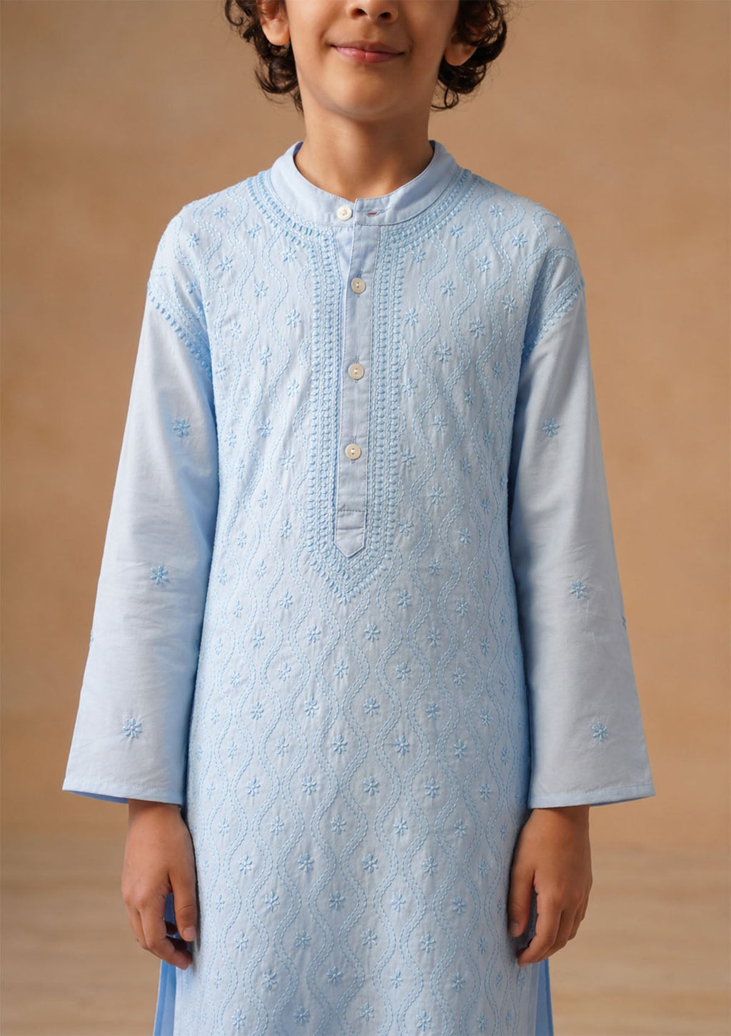 HOC Kids Blue Cotton Chikankari Kurta Set