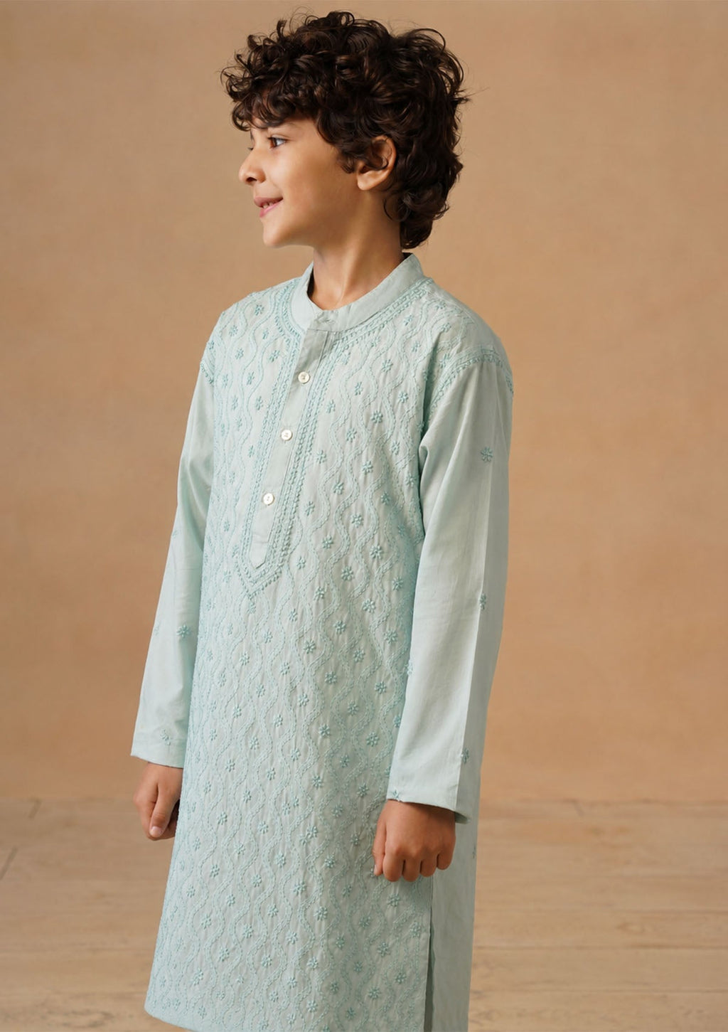 HOC Kids Sage Green Cotton Chikankari Kurta Set
