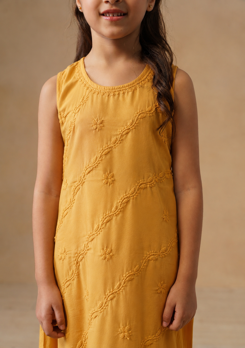 HOC Kids Yellow Muslin Chikankari Kurta Set