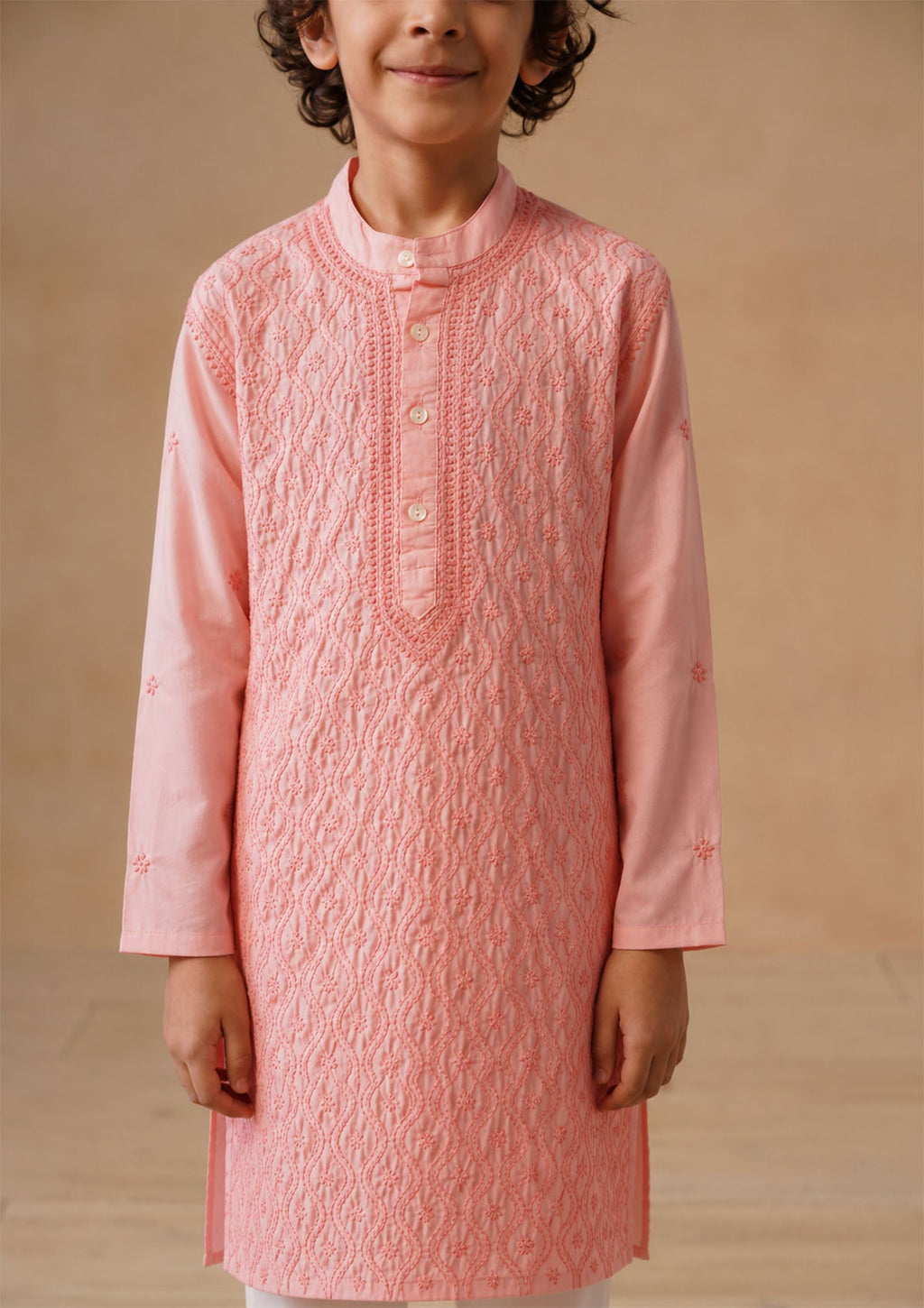 HOC Kids Pink Cotton Chikankari Kurta Set
