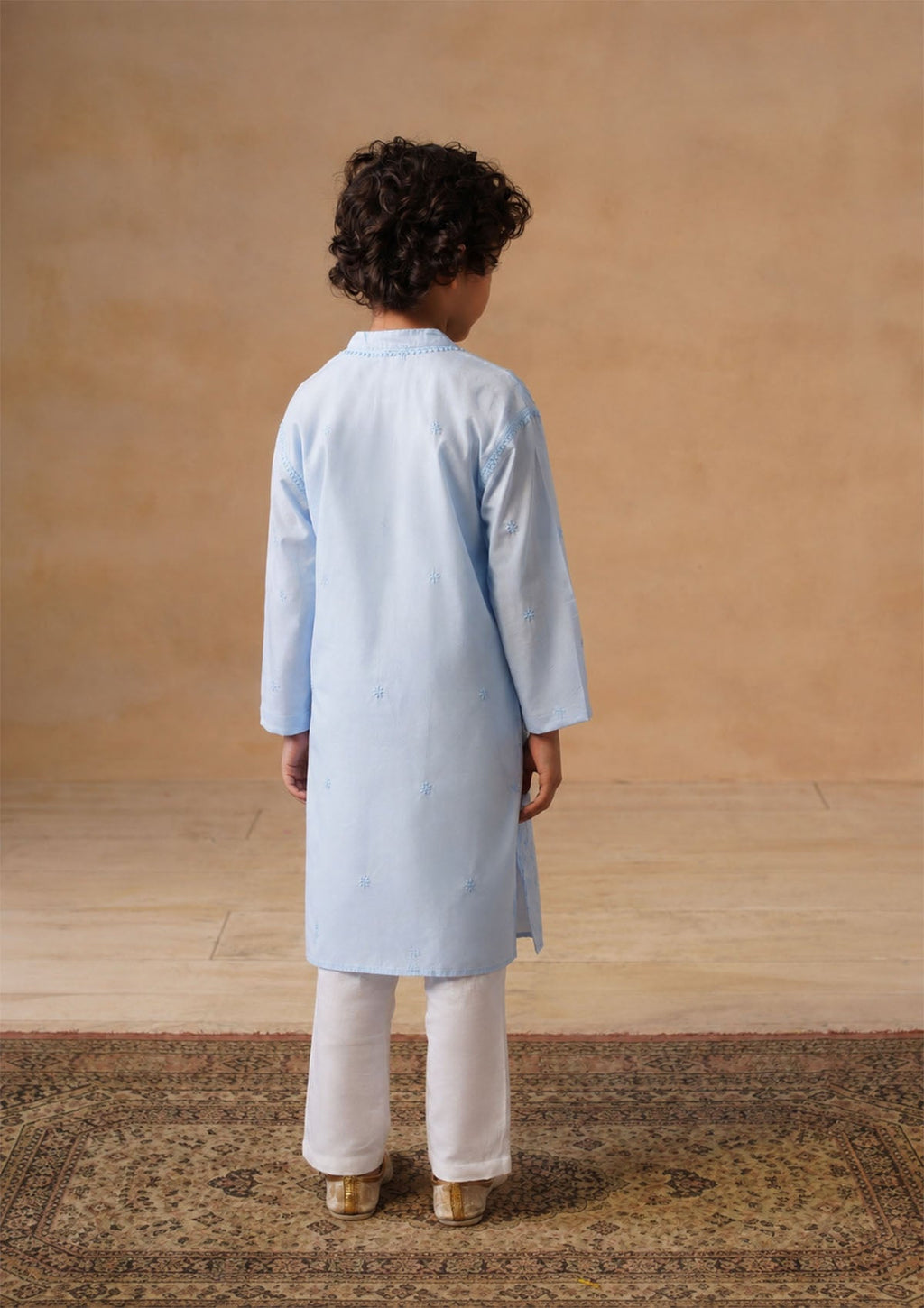HOC Kids Blue Cotton Chikankari Kurta Set