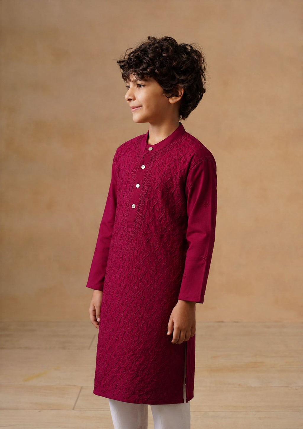 HOC Kids Wine Cotton Chikankari Kurta Set