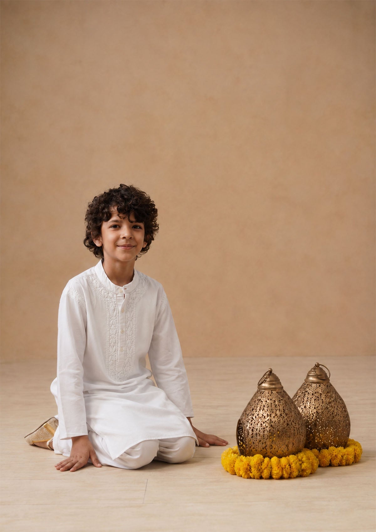 HOC Kids White Cotton Chikankari Kurta Set