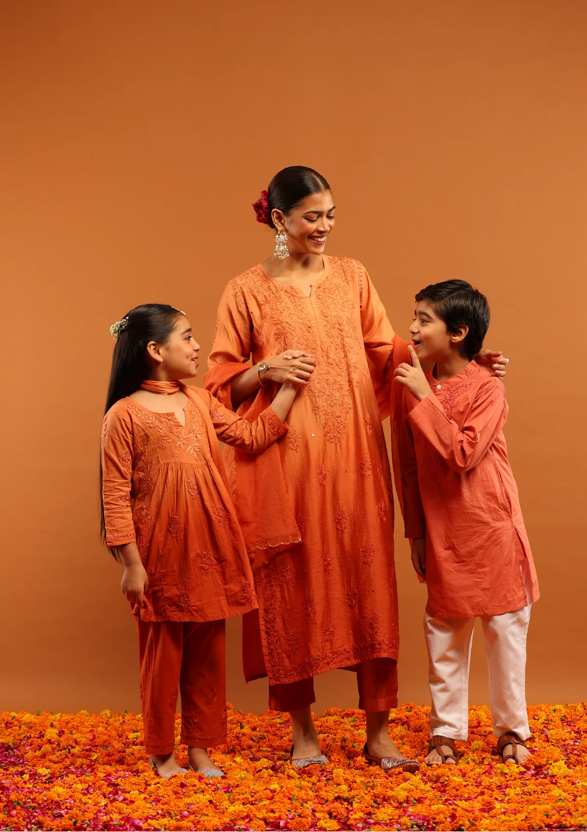 Cotton Chikankari Solid Boy's 2Pc Kurta Set-Rust
