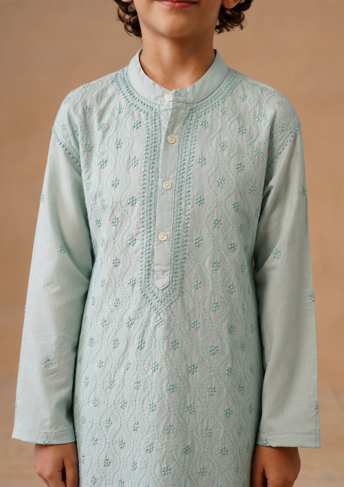 HOC Kids Sage Green Cotton Chikankari Kurta Set