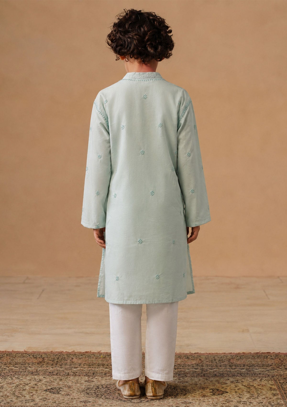 HOC Kids Sage Green Cotton Chikankari Kurta Set
