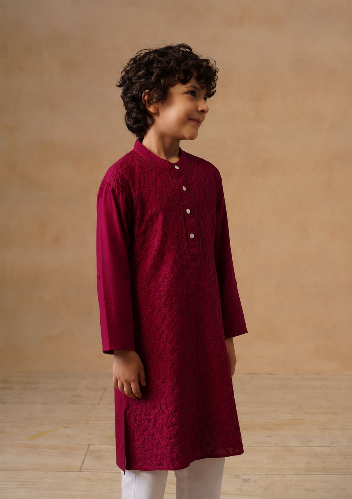 HOC Kids Wine Cotton Chikankari Kurta Set