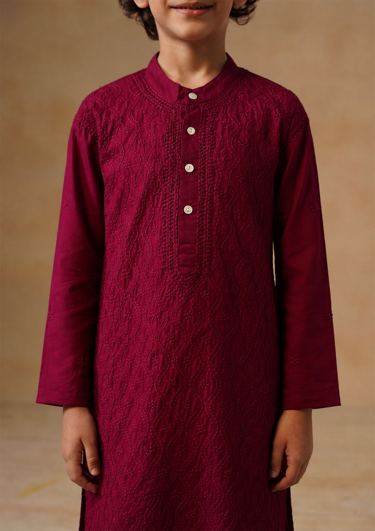HOC Kids Wine Cotton Chikankari Kurta Set
