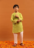 HOC Cotton Chikankari Solid Boy's 2Pc Kurta Set-Green