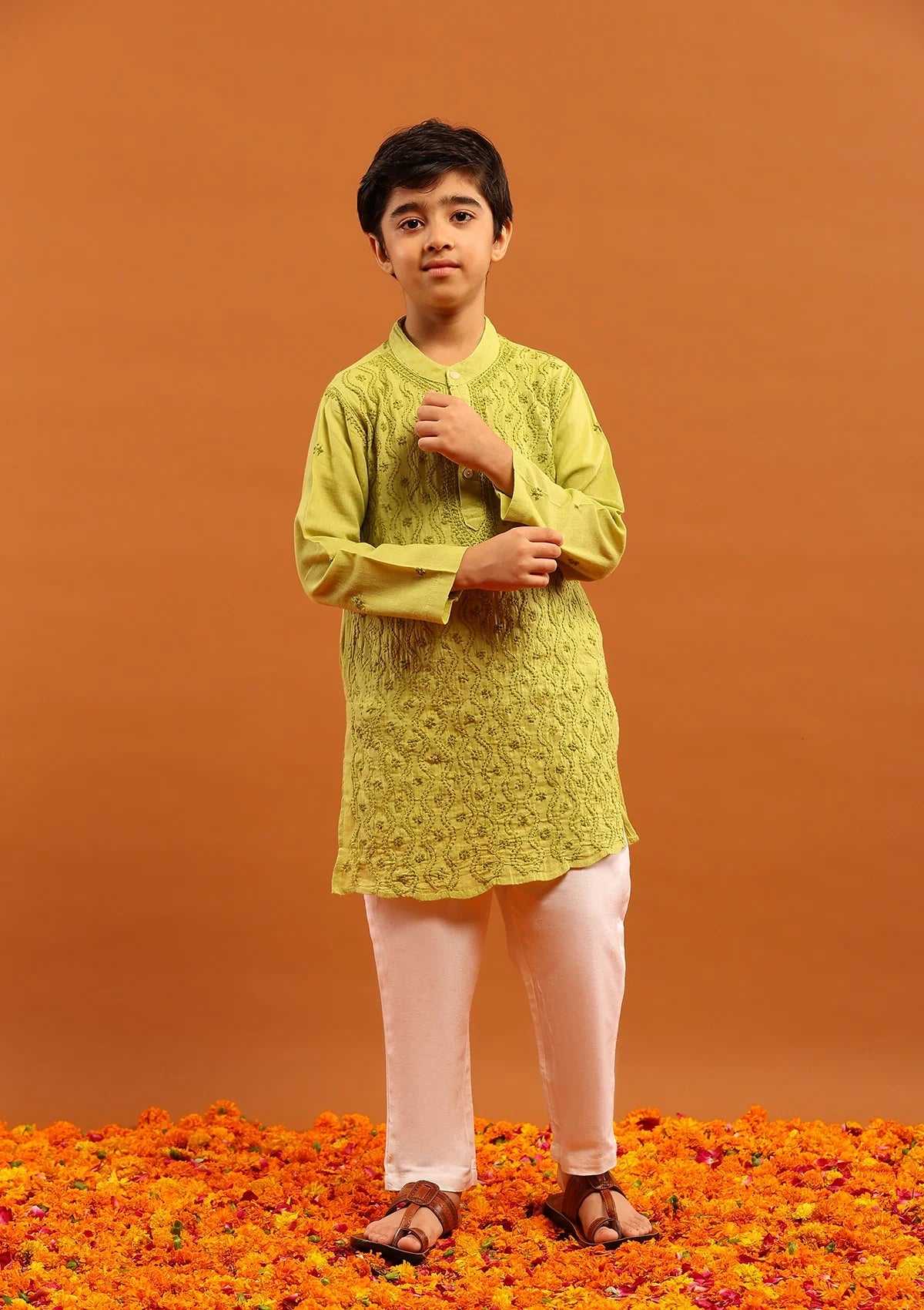 HOC Cotton Chikankari Solid Boy's 2Pc Kurta Set-Green