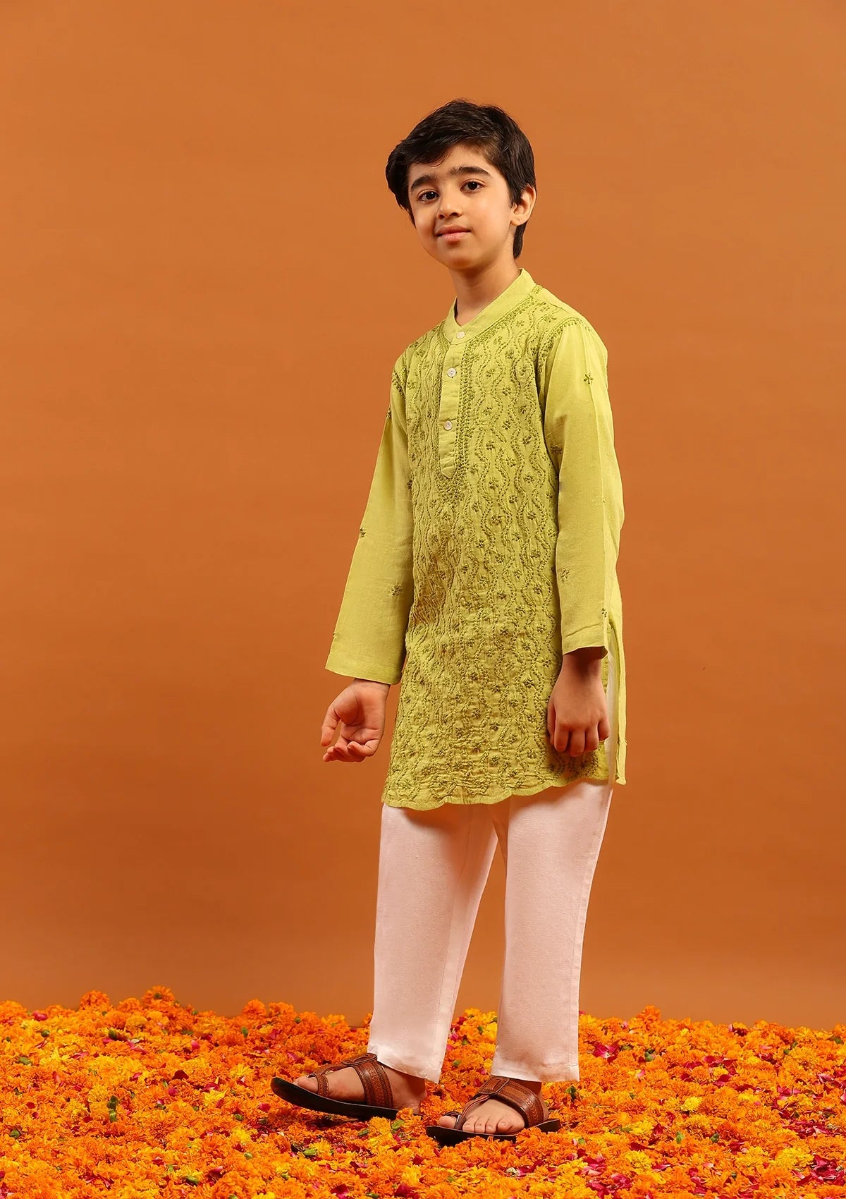 HOC Cotton Chikankari Solid Boy's 2Pc Kurta Set-Green