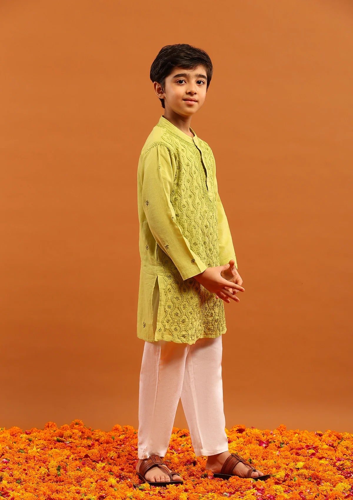HOC Cotton Chikankari Solid Boy's 2Pc Kurta Set-Green