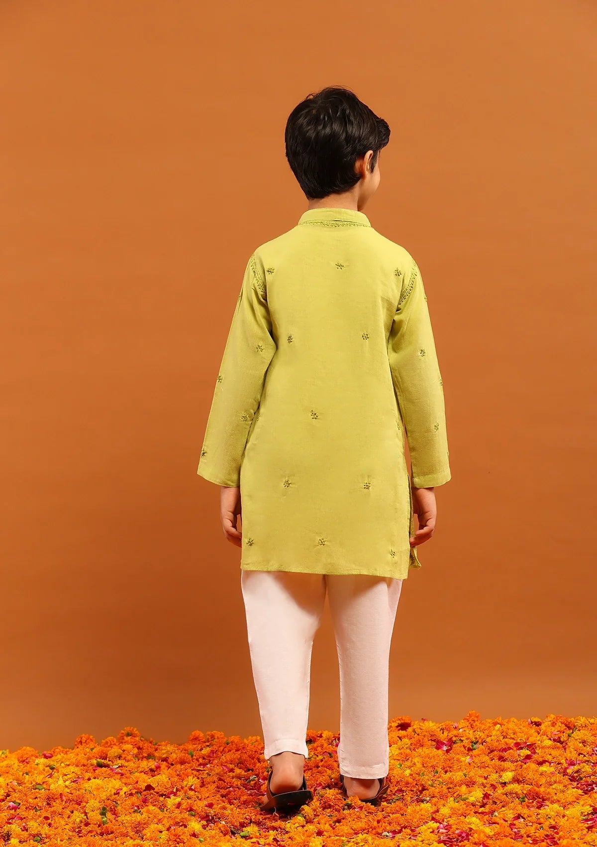 HOC Cotton Chikankari Solid Boy's 2Pc Kurta Set-Green