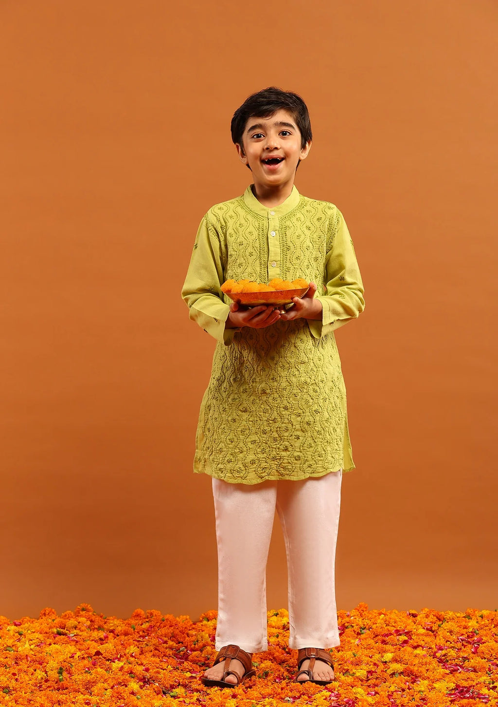 HOC Cotton Chikankari Solid Boy's 2Pc Kurta Set-Green