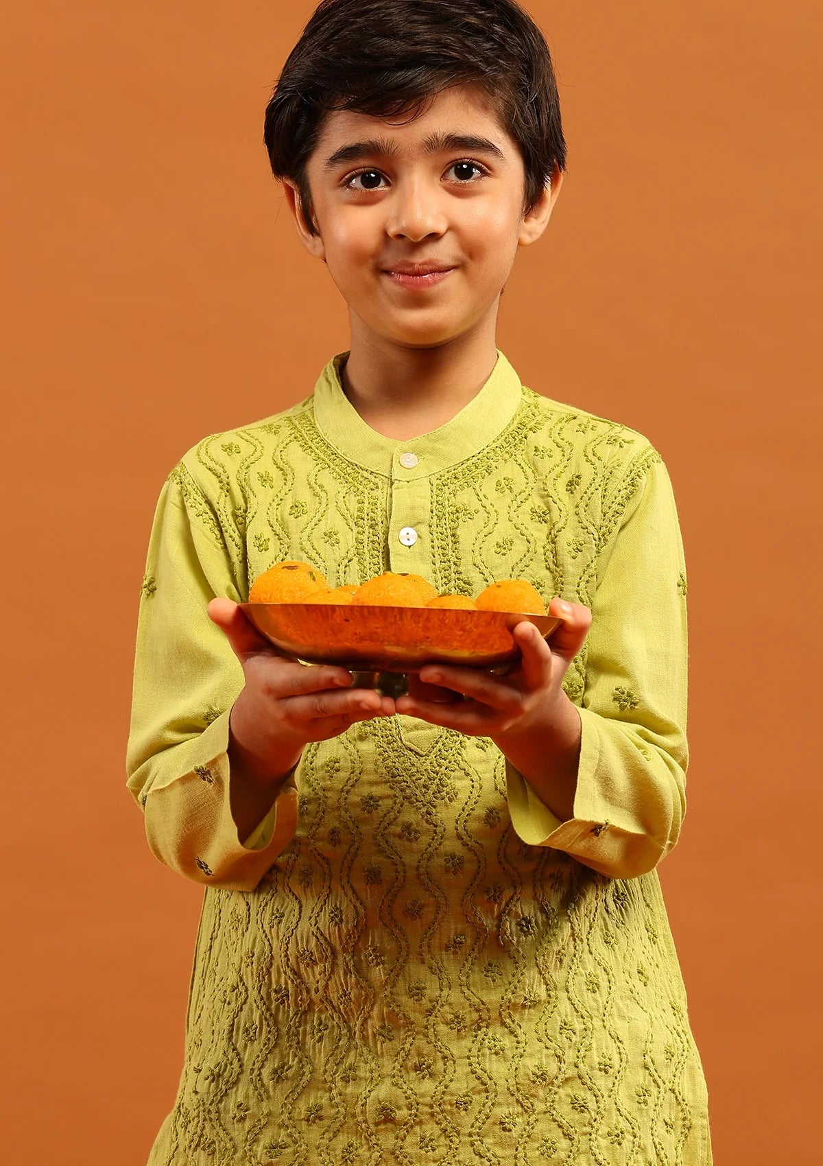 HOC Cotton Chikankari Solid Boy's 2Pc Kurta Set-Green