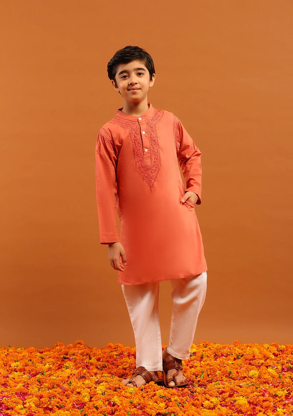 Cotton Chikankari Solid Boy's 2Pc Kurta Set-Rust