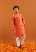 Cotton Chikankari Solid Boy's 2Pc Kurta Set-Rust