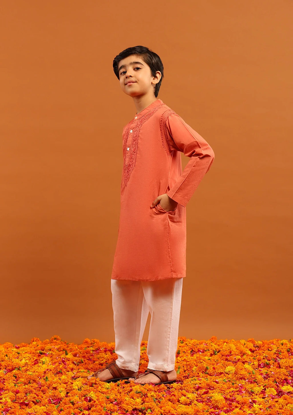 Cotton Chikankari Solid Boy's 2Pc Kurta Set-Rust